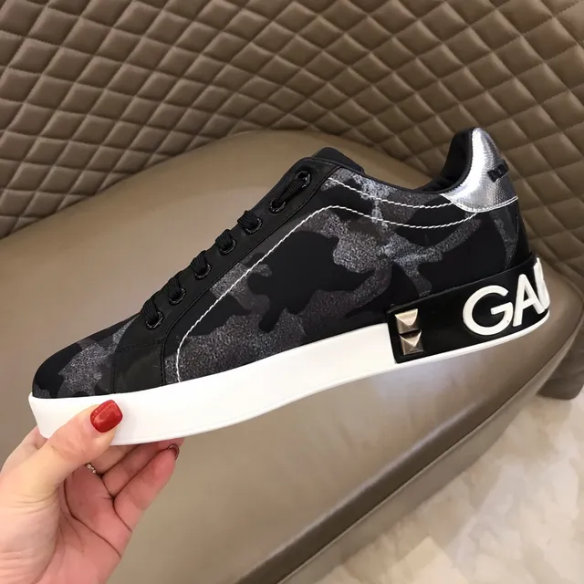 Dolce & Gabbana Portofino Tênis Lifestyle Preto Branco Camo-Print Superior Studded Lado Logo 3