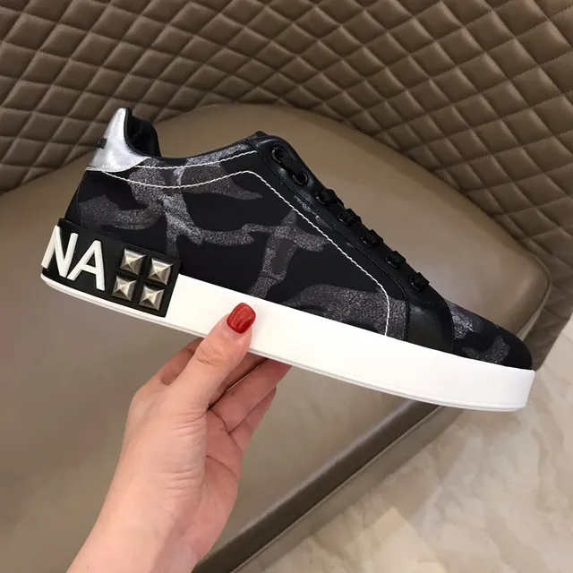 Dolce & Gabbana Portofino Tênis Lifestyle Preto Branco Camo-Print Superior Studded Lado Logo 4