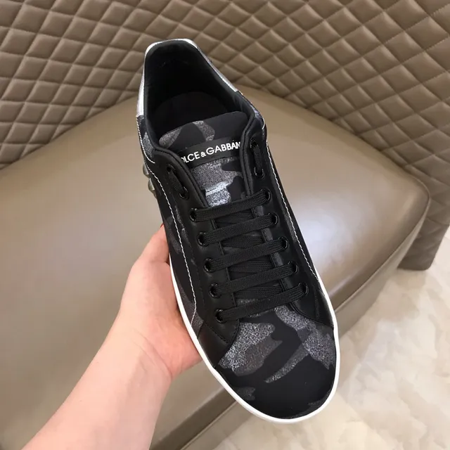 Dolce & Gabbana Portofino Tênis Lifestyle Preto Branco Camo-Print Superior Studded Lado Logo 5