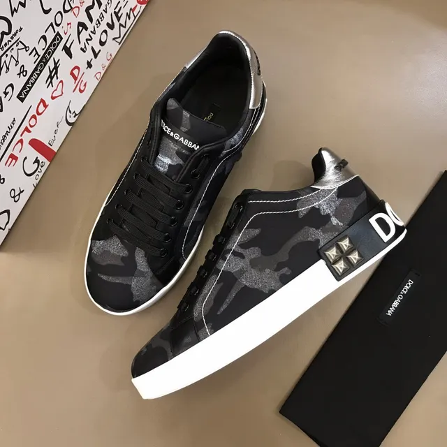 Dolce & Gabbana Portofino Tênis Lifestyle Preto Branco Camo-Print Superior Studded Lado Logo 7