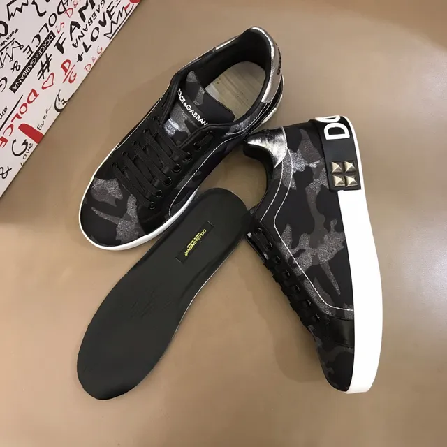 Dolce & Gabbana Portofino Tênis Lifestyle Preto Branco Camo-Print Superior Studded Lado Logo 8