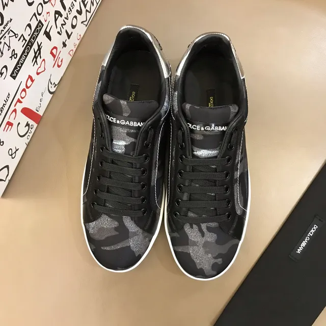 Dolce & Gabbana Portofino Tênis Lifestyle Preto Branco Camo-Print Superior Studded Lado Logo 9