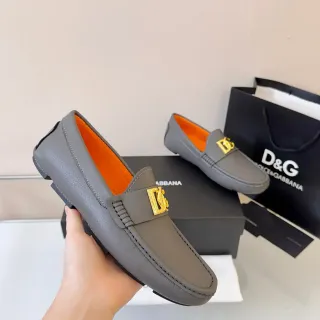 Dolce & Gabbana Portofino Gray Orange Pebbled Leather Contrast Lining Loafer