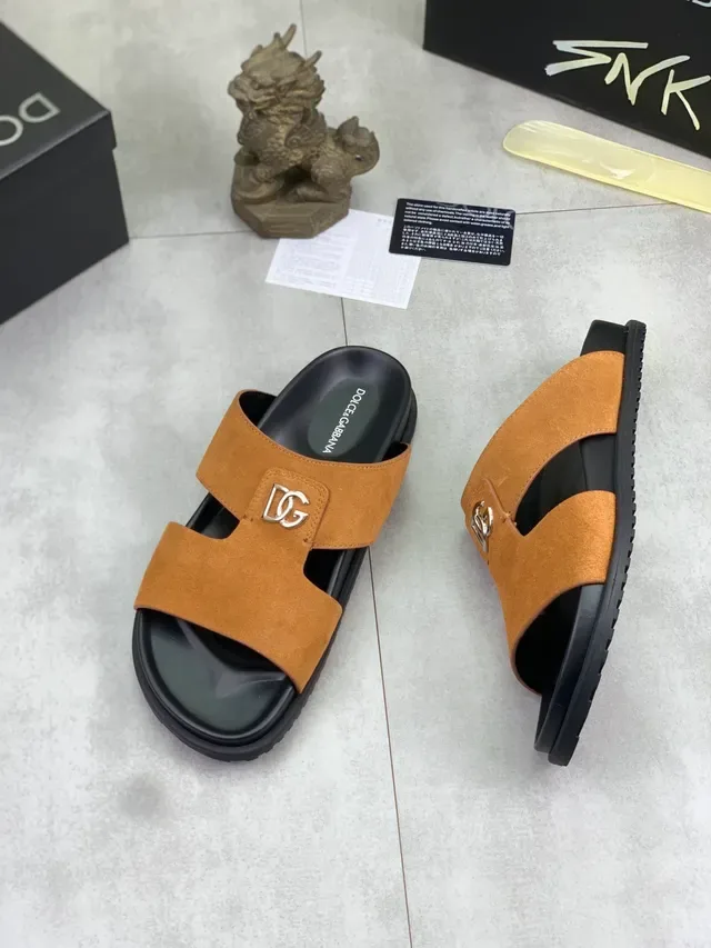 Dolce & Gabbana Tan Suede DG Logo Two-Strap Casual Sandals 5