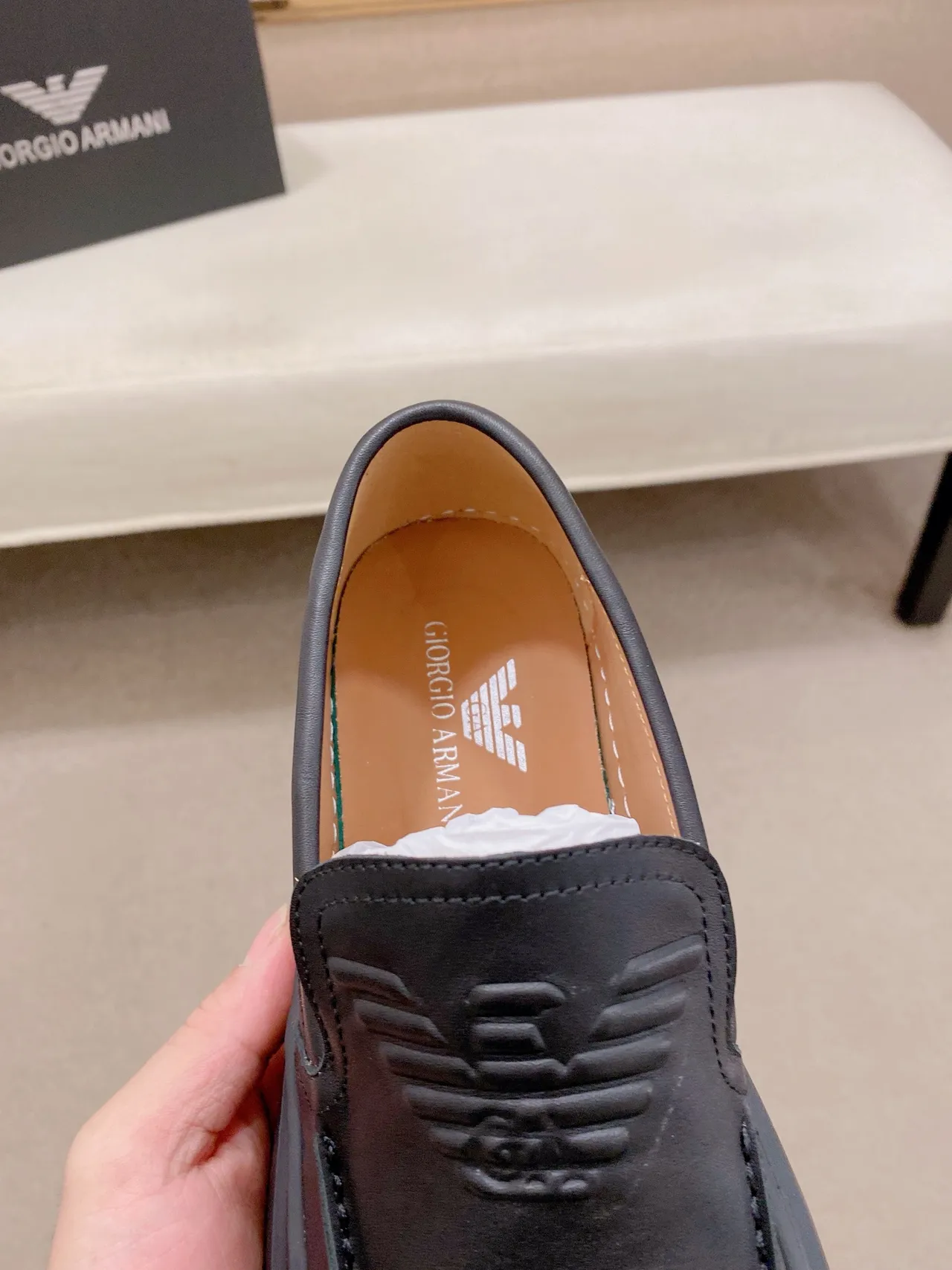 Emporio Armani Noir Beige Embossé Logo Aigle Semelle Épaisse Plateforme Mocassin 5