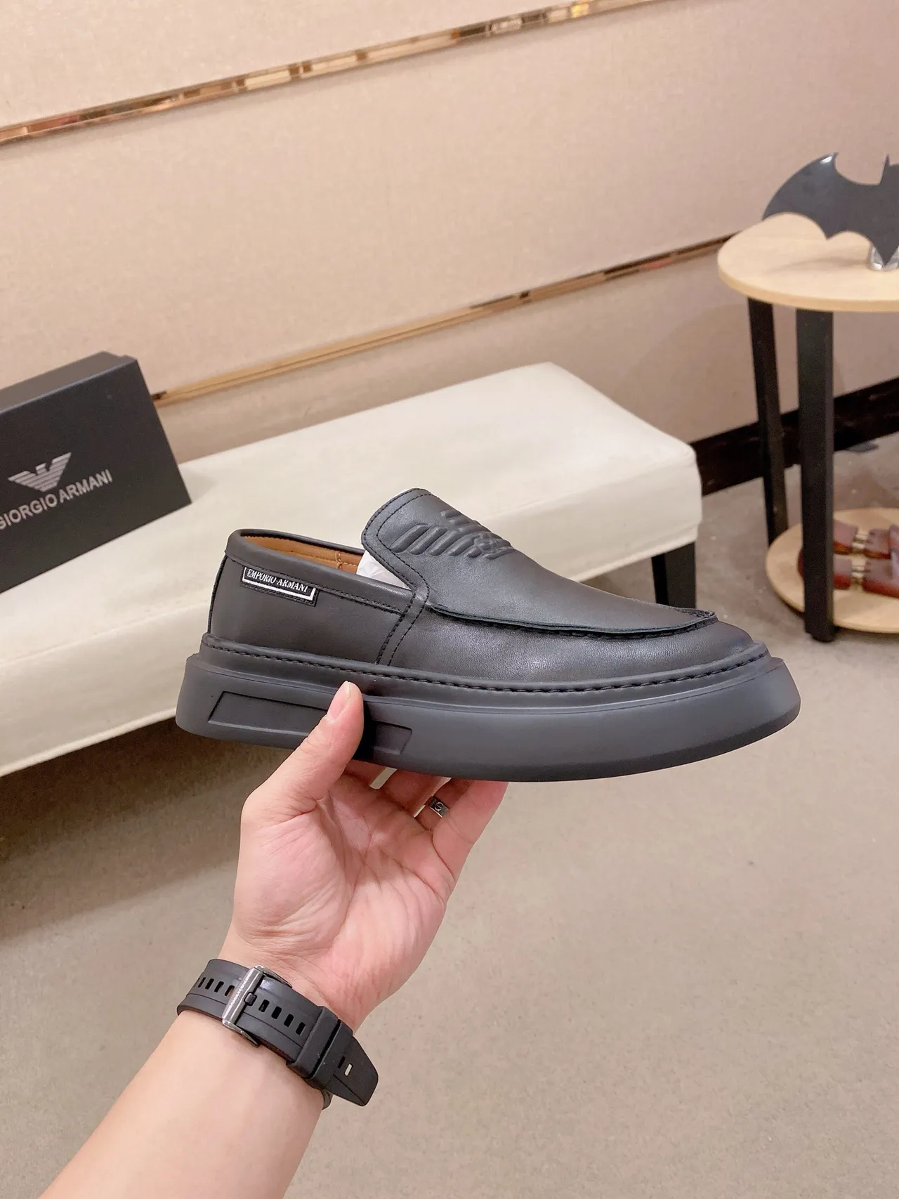 Emporio Armani Noir Beige Embossé Logo Aigle Semelle Épaisse Plateforme Mocassin 6