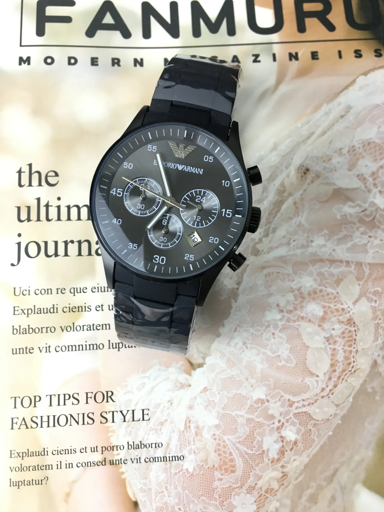 Emporio Armani ساعة كرونوغراف أسود موونوكروم رياضية 5