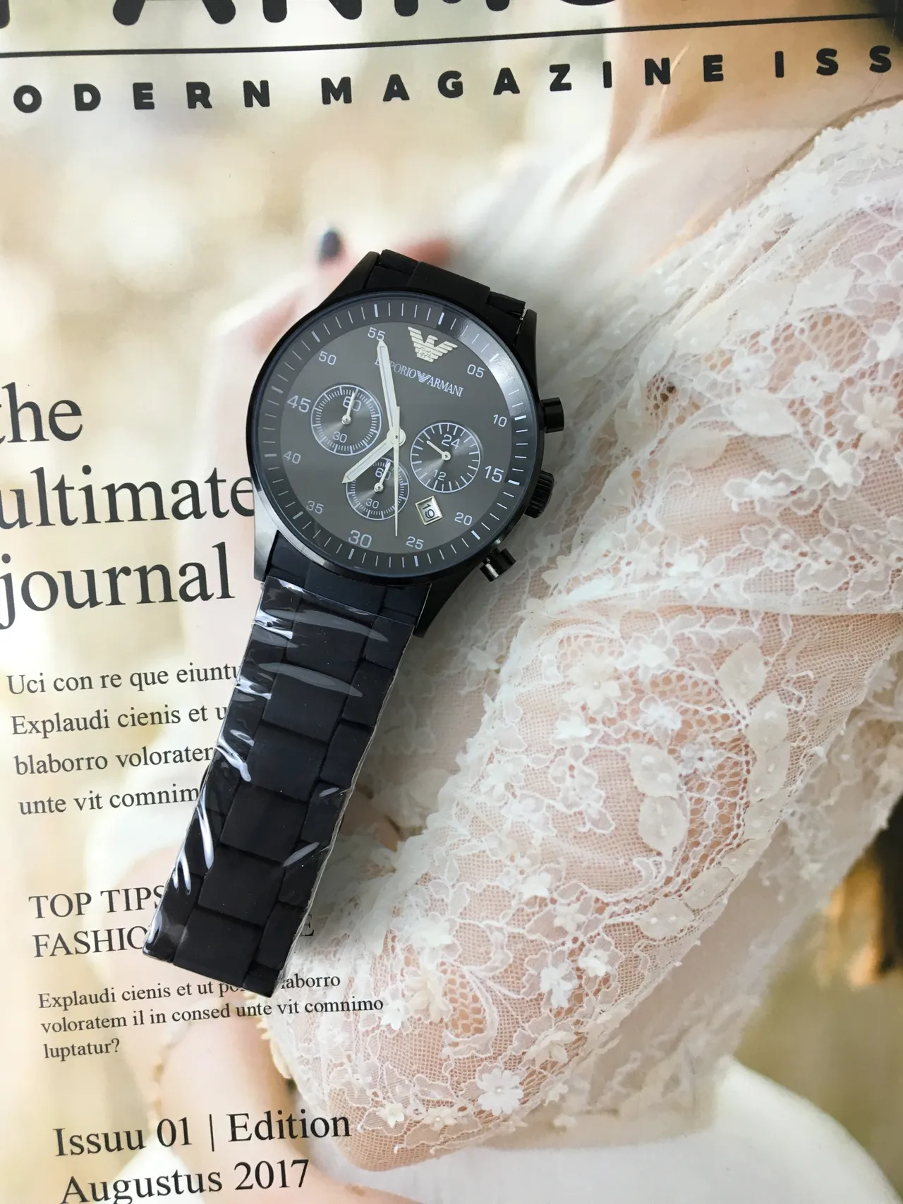 Emporio Armani ساعة كرونوغراف أسود موونوكروم رياضية 6