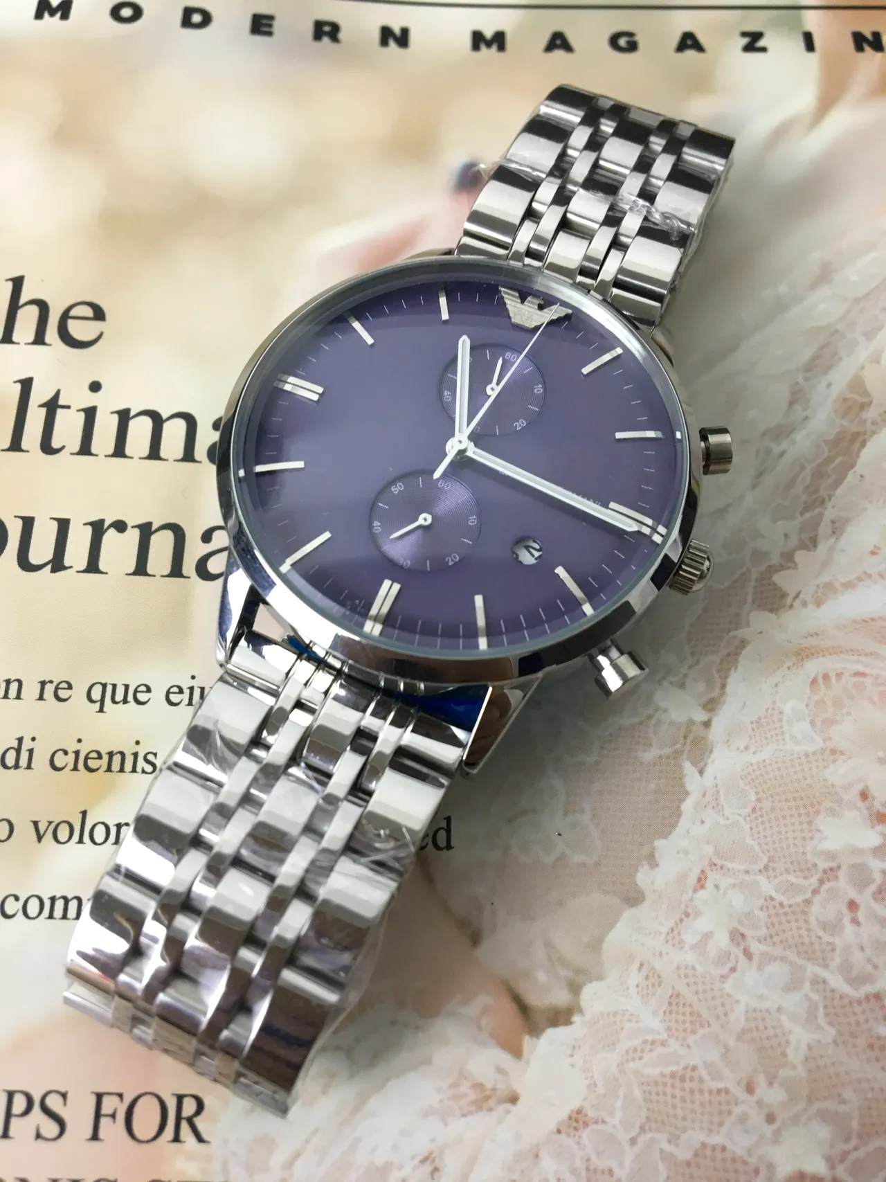 Emporio Armani Chronograph Purple Dial Stainless Steel Quartz Watch 6