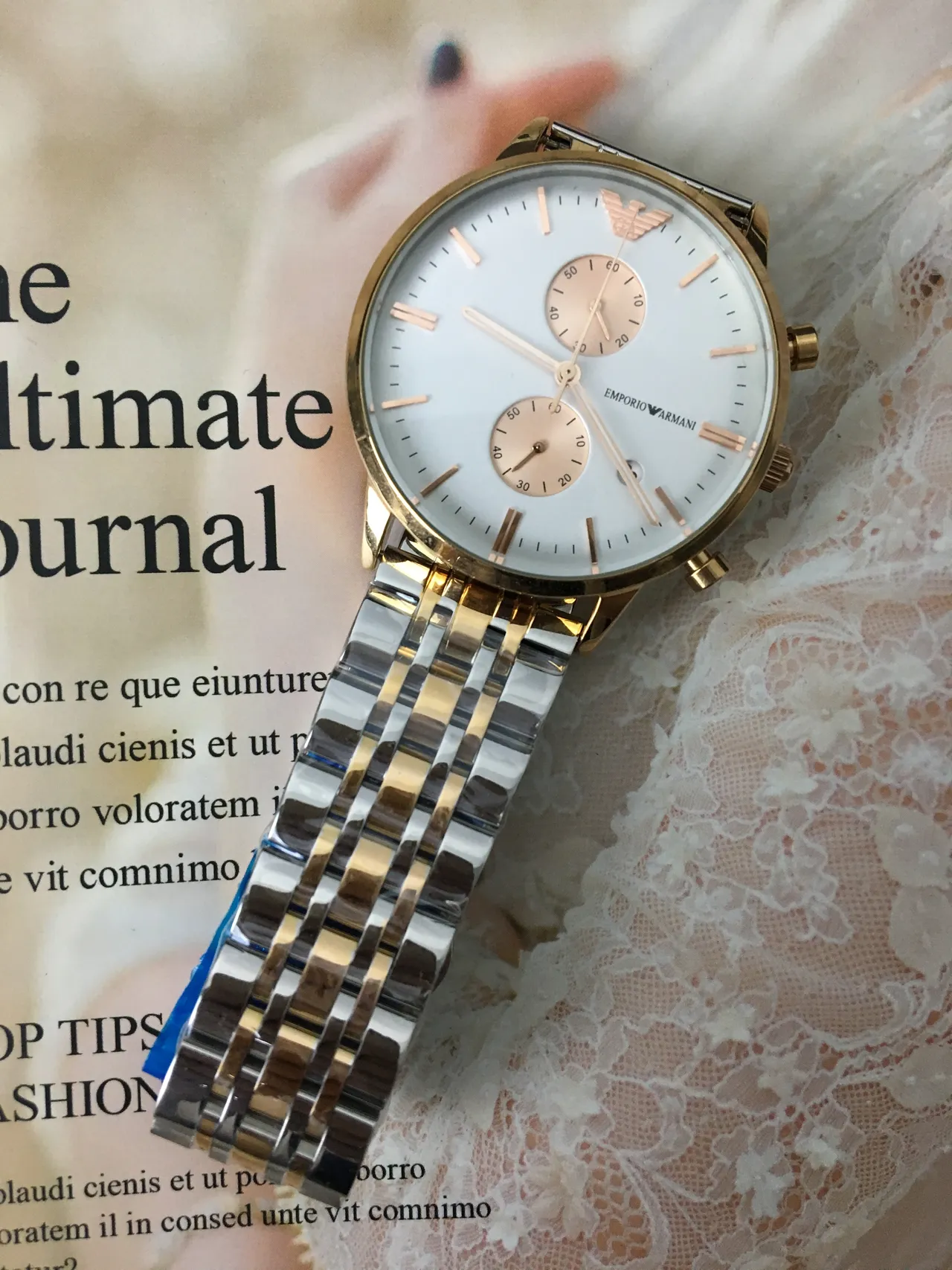 Emporio Armani Relógio Cronógrafo Clássico com Quadrante Branco Aço Inoxidável de Dois Tons Quartz 6