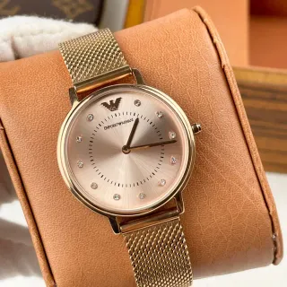 Emporio Armani Gold Beige Round Case Mesh Bracelet Quartz Watch