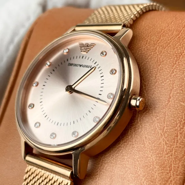Emporio Armani Or Beige Boîtier Rond Bracelet Maille Montre Quartz 2