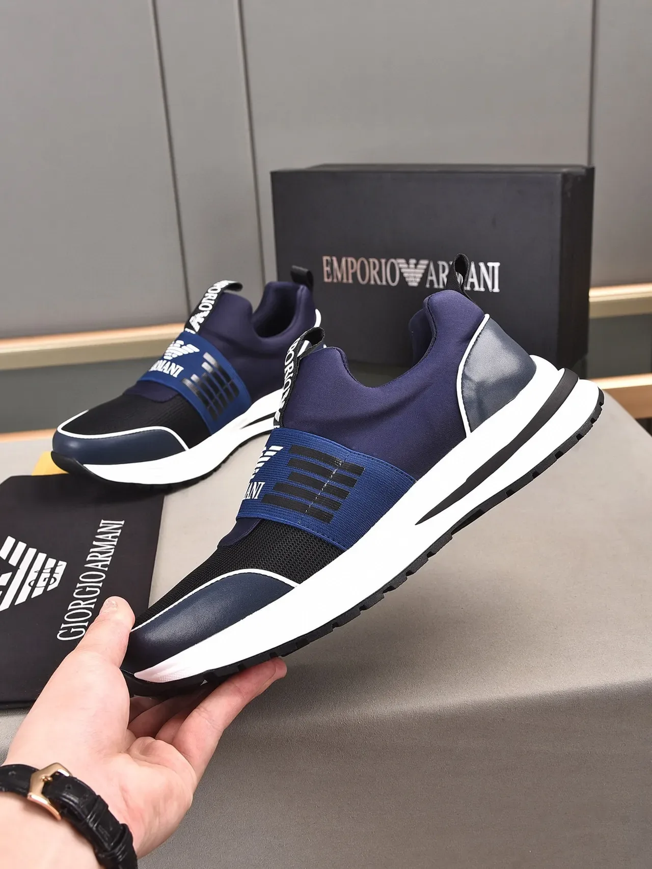 Emporio Armani Navy Black Slip-On Elastic Strap Sneakers 9