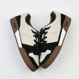 Fendi Beige Black Layered Leather And Suede Wave-Stitched Overlay Lifestyle Sneakers