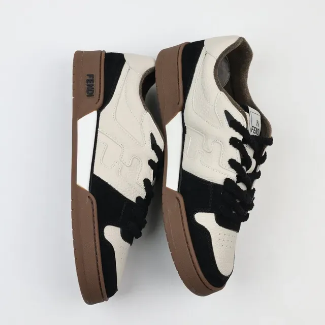 Fendi Beige Noir Couche Cuir Et Daim Ondulé Couturé Superposition Chaussures Lifestyle 3