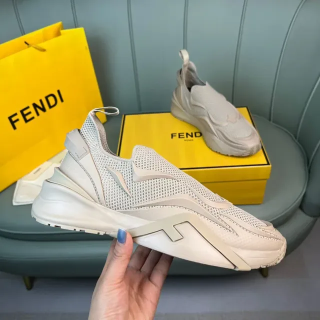 Fendi Beige Slip-On Construction Knit Mesh Upper Sneakers 4