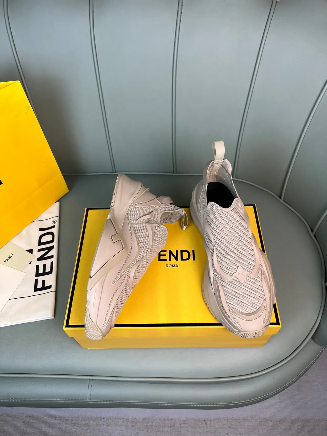 Fendi Beige Slip-On Construction Knit Mesh Upper Sneakers 5