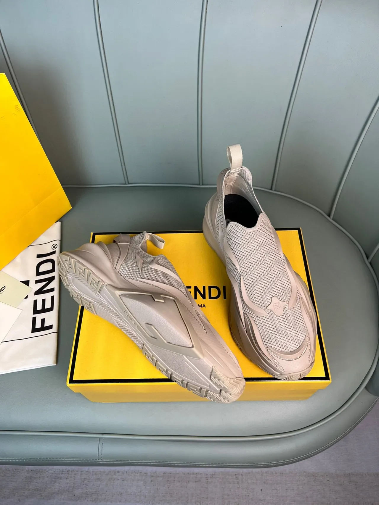 Fendi Beige Slip-On Construction Knit Mesh Upper Sneakers 6