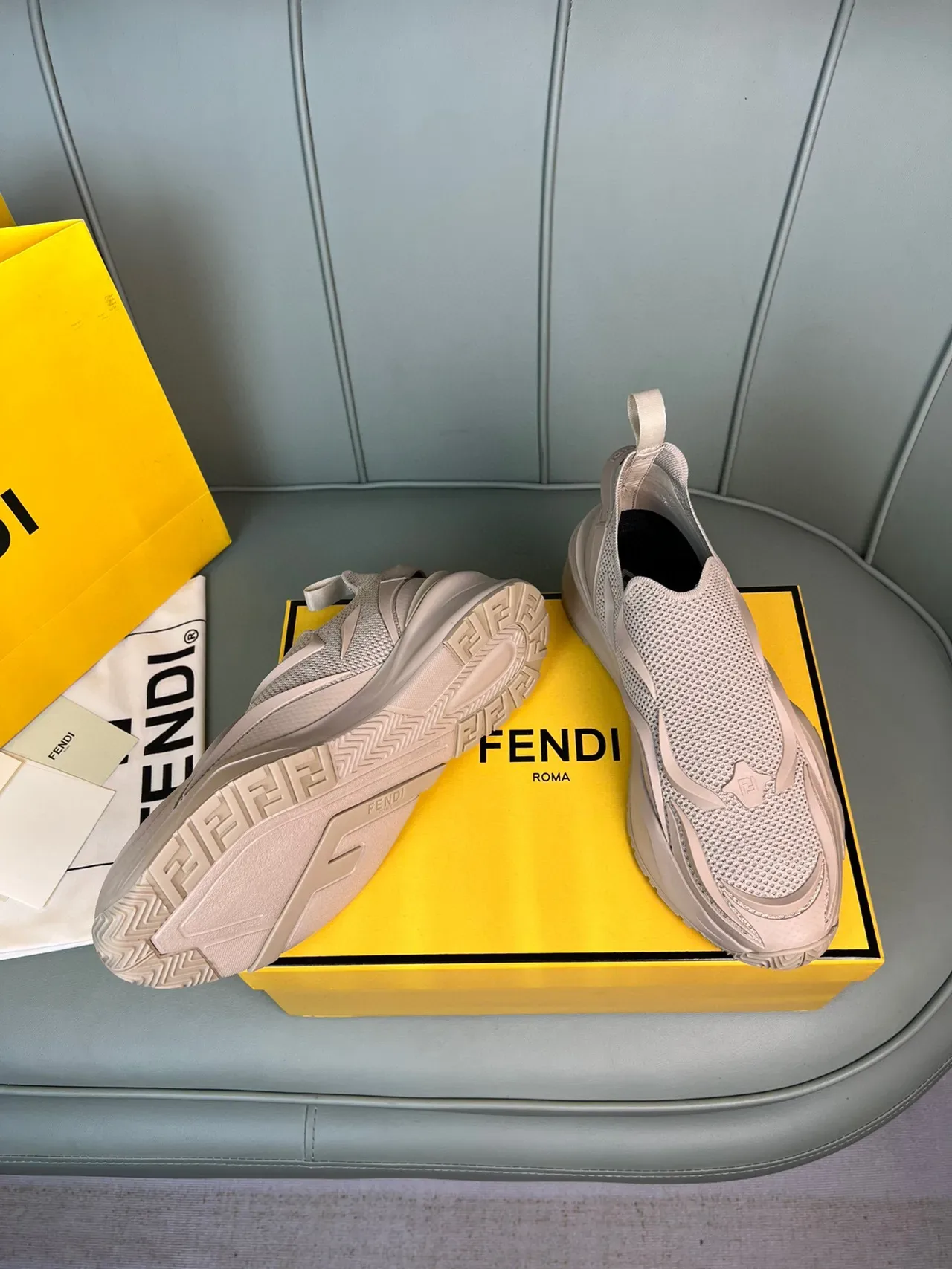 Fendi Beige Slip-On Construction Knit Mesh Upper Sneakers 7