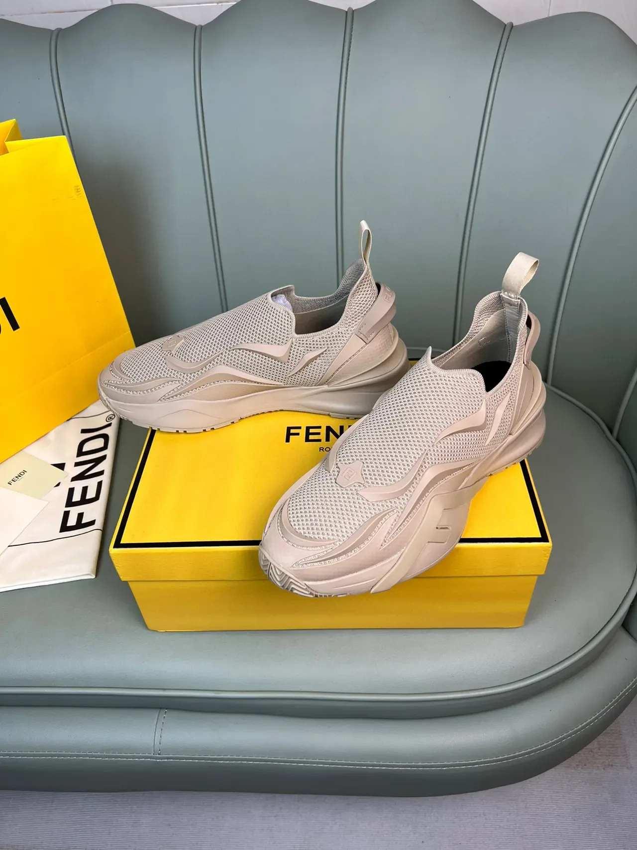 Fendi Beige Slip-On Construction Knit Mesh Upper Sneakers 8