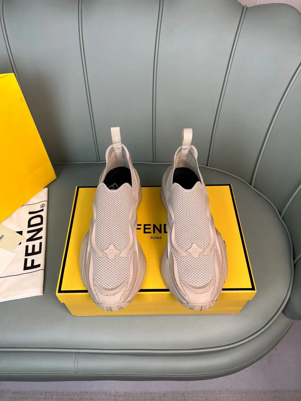 Fendi Beige Slip-On Construction Knit Mesh Upper Sneakers 9