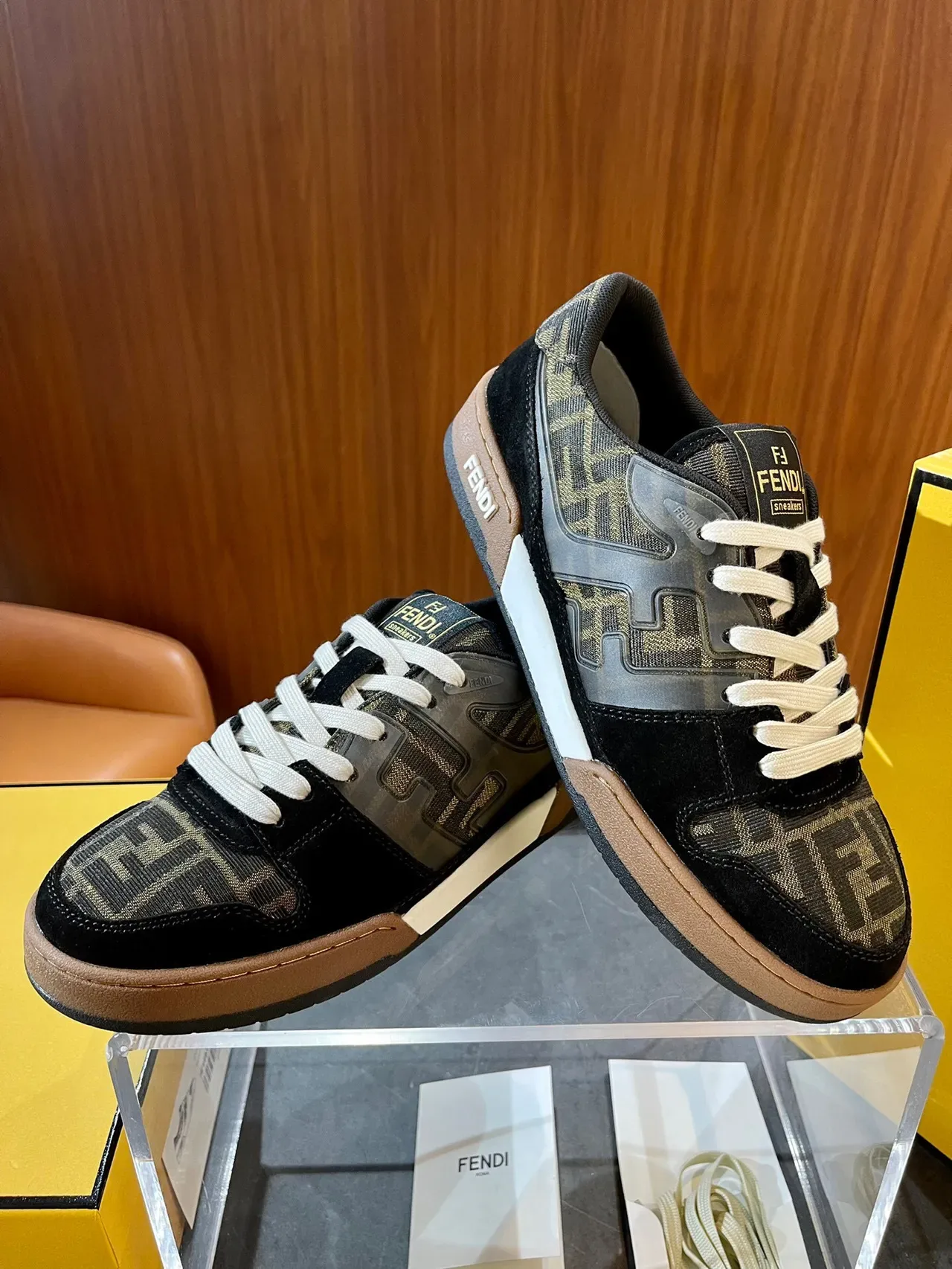 Fendi Black Beige Low-Top FF Monogram Jacquard Sneakers 3