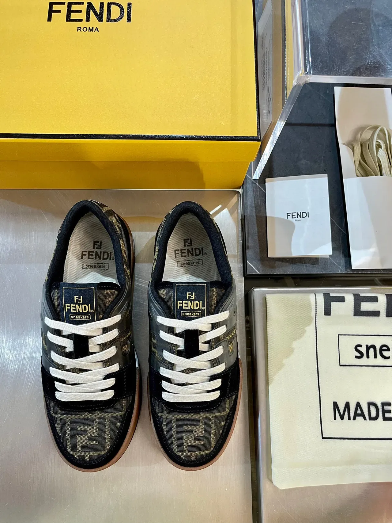 Fendi Black Beige Low-Top FF Monogram Jacquard Sneakers 5
