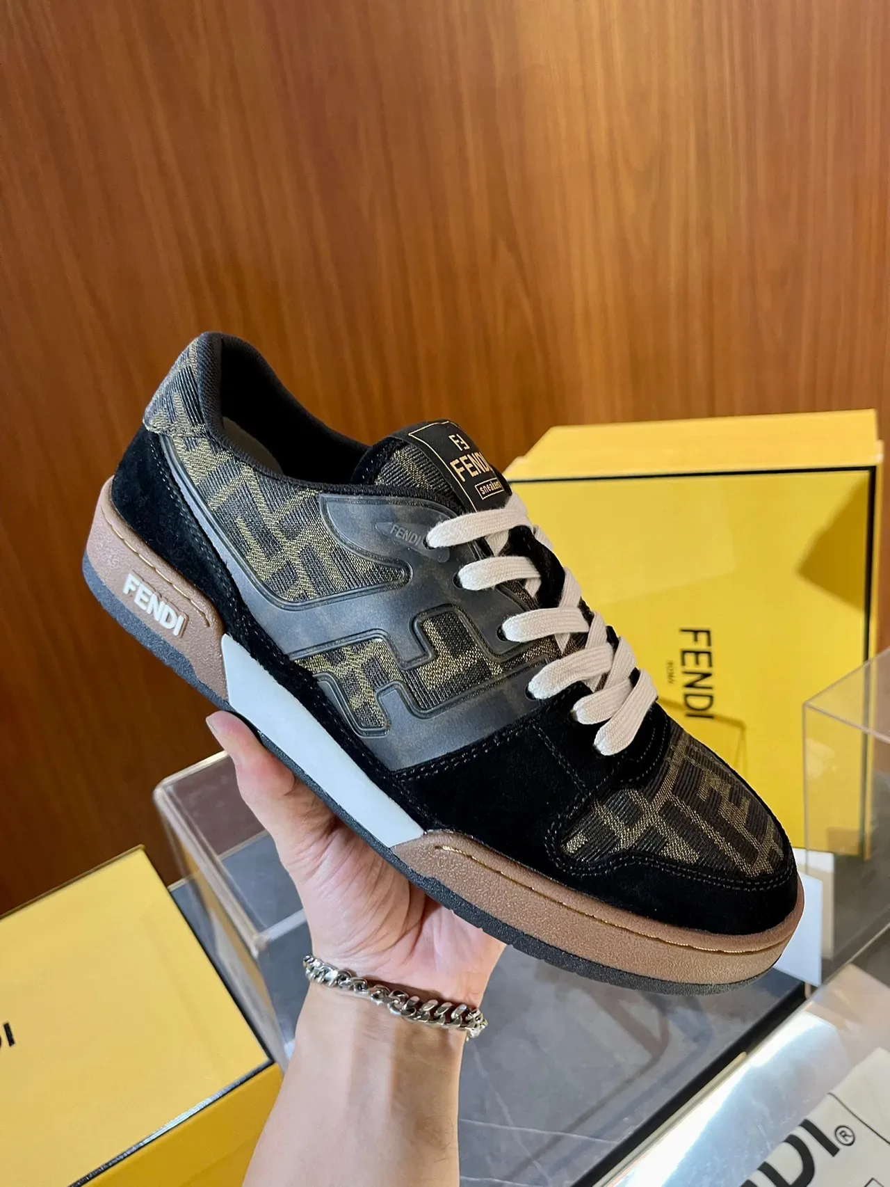 Fendi Black Beige Low-Top FF Monogram Jacquard Sneakers 6