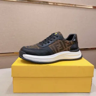 Fendi Black Brown Monogrammed Textile Leather Accents Chunky Sneakers