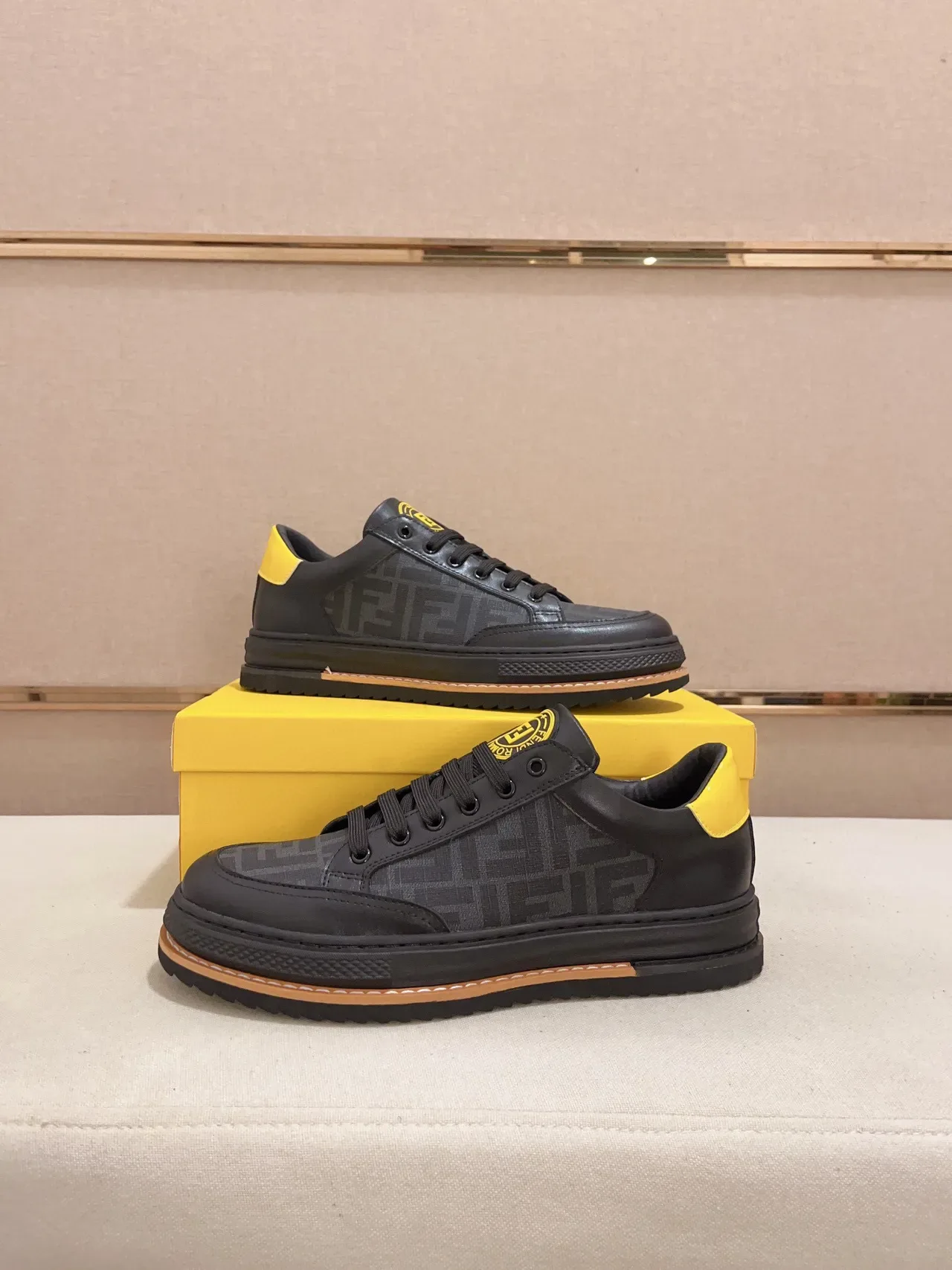 Fendi Black Yellow Low-Top Paneled Leather Lifestyle Sneakers 4