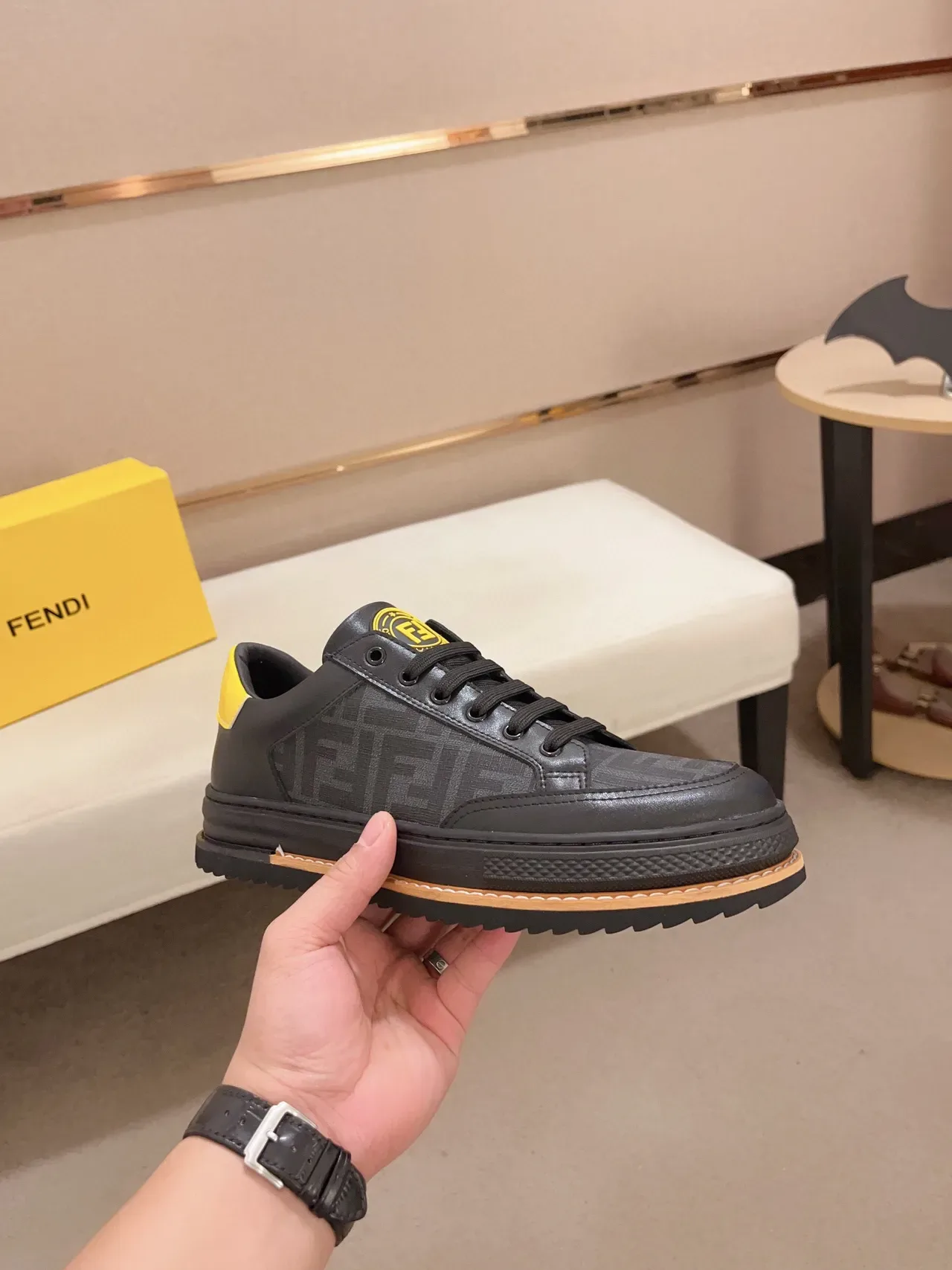 Fendi Black Yellow Low-Top Paneled Leather Lifestyle Sneakers 7