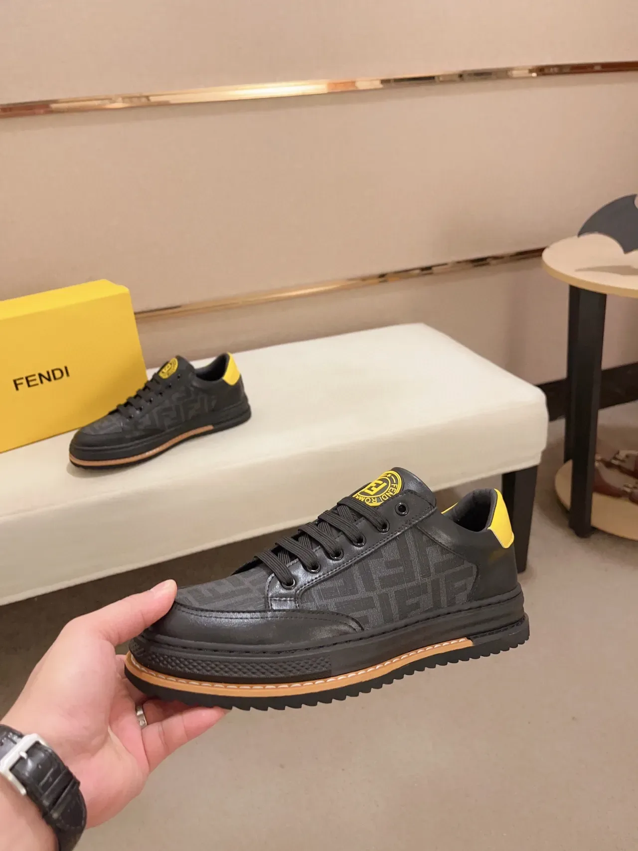 Fendi Black Yellow Low-Top Paneled Leather Lifestyle Sneakers 8