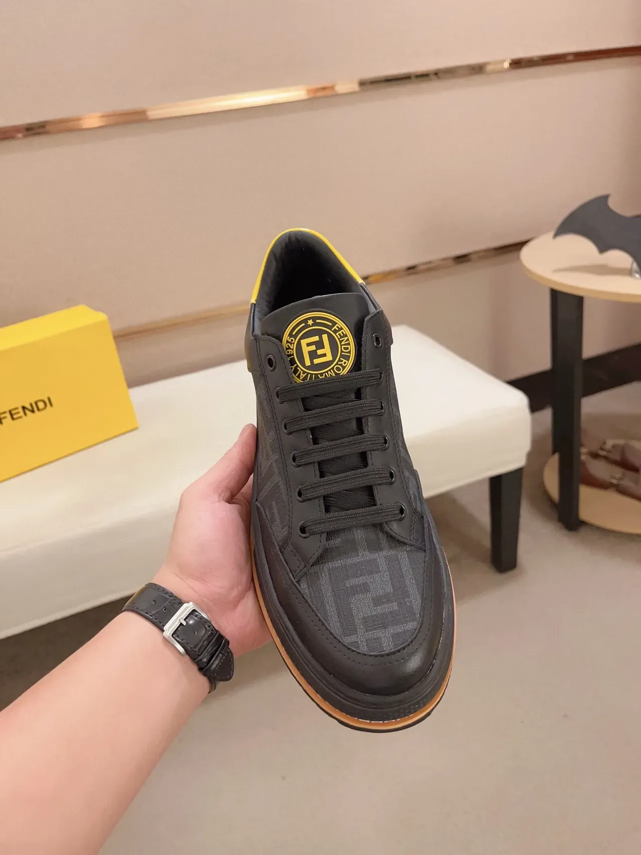Fendi Black Yellow Low-Top Paneled Leather Lifestyle Sneakers 9