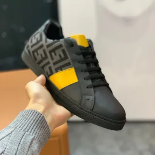 Fendi Black Yellow Monogrammed Leather Color-Blocked Side Stripe Lifestyle Sneakers