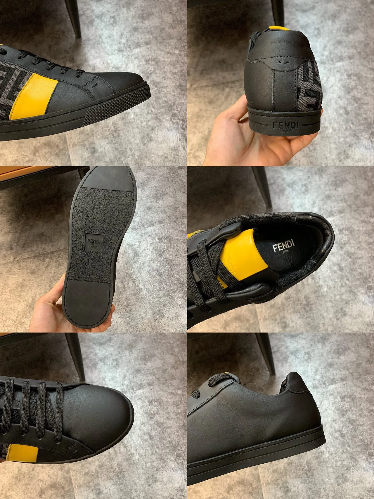 Fendi Tênis Lifestyle de couro preto amarelo monogramado, color-block com faixa lateral 2