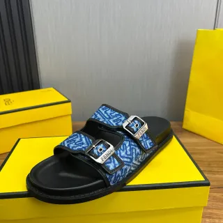Fendi Buckled Slide Blue Jacquard Flat Slippers