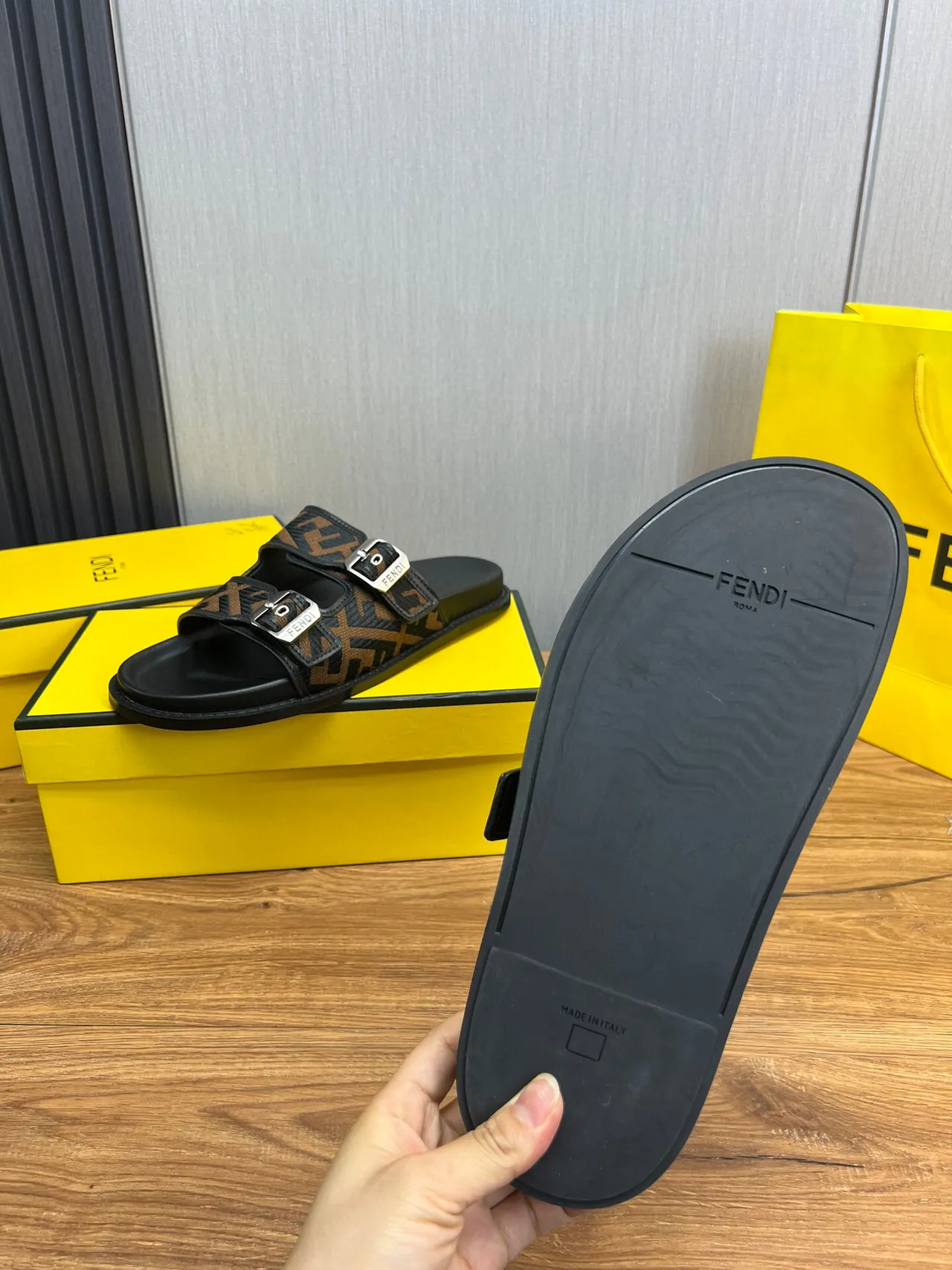 Fendi Buckled Slide Blue Jacquard Flat Slippers 2