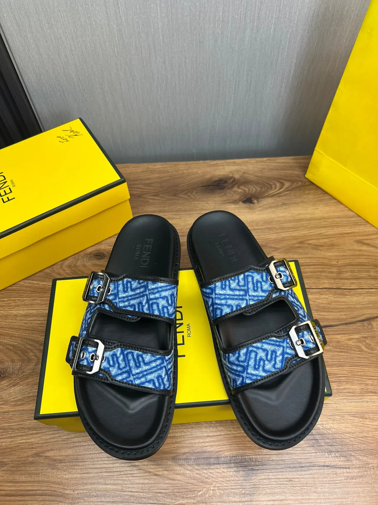 Fendi Buckled Slide Blue Jacquard Flat Slippers 3