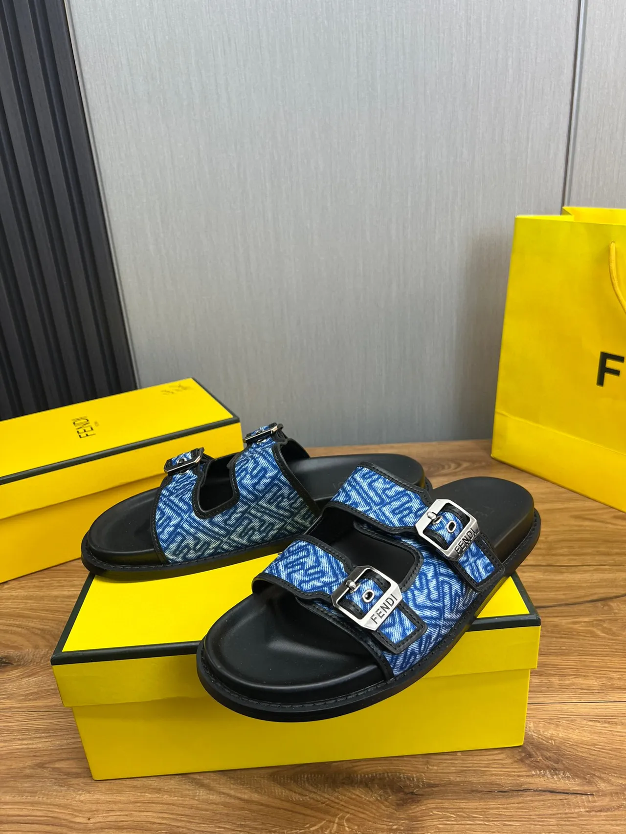 Fendi Buckled Slide Blue Jacquard Flat Slippers 4