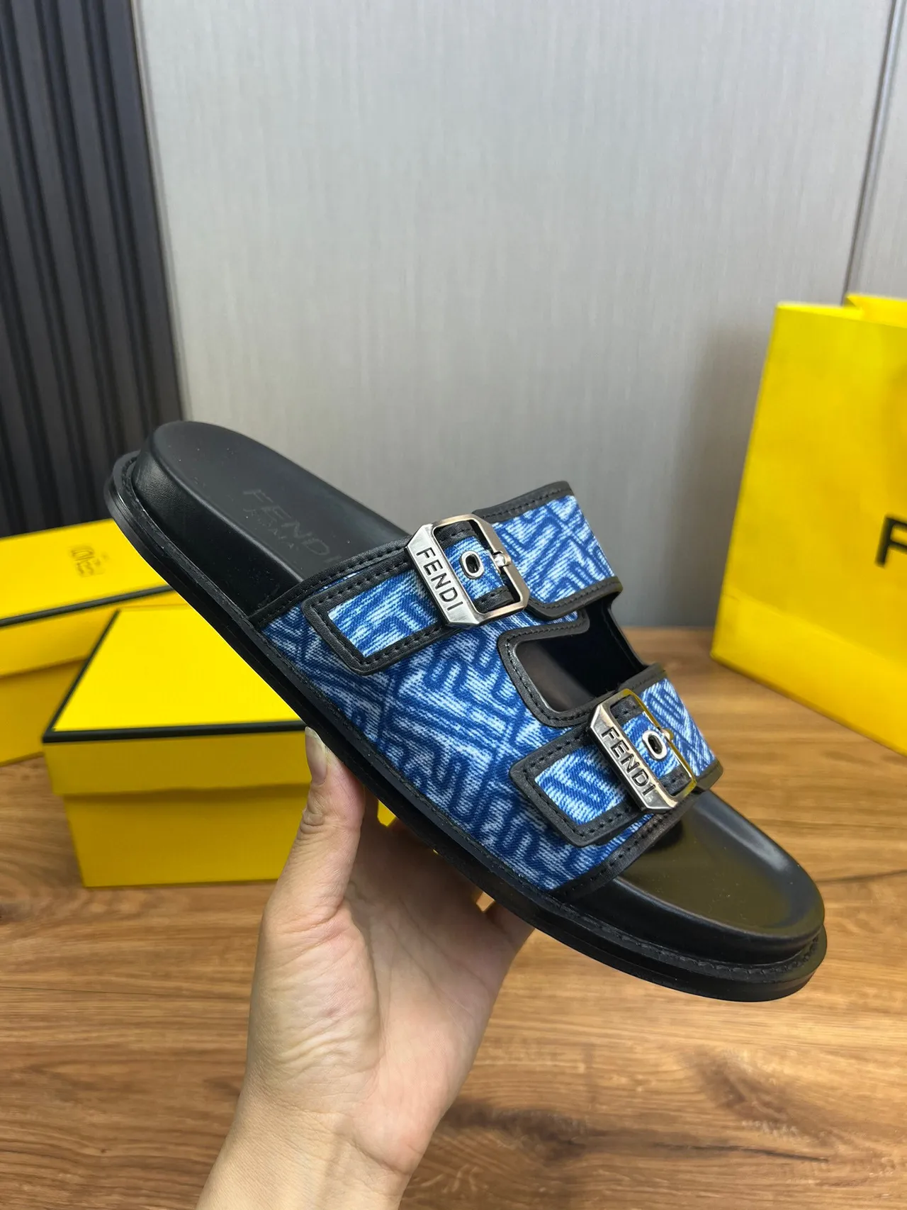 Fendi Buckled Slide Blue Jacquard Flat Slippers 5