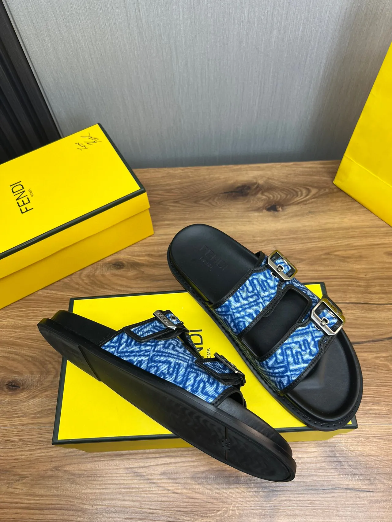 Fendi Buckled Slide Blue Jacquard Flat Slippers 6