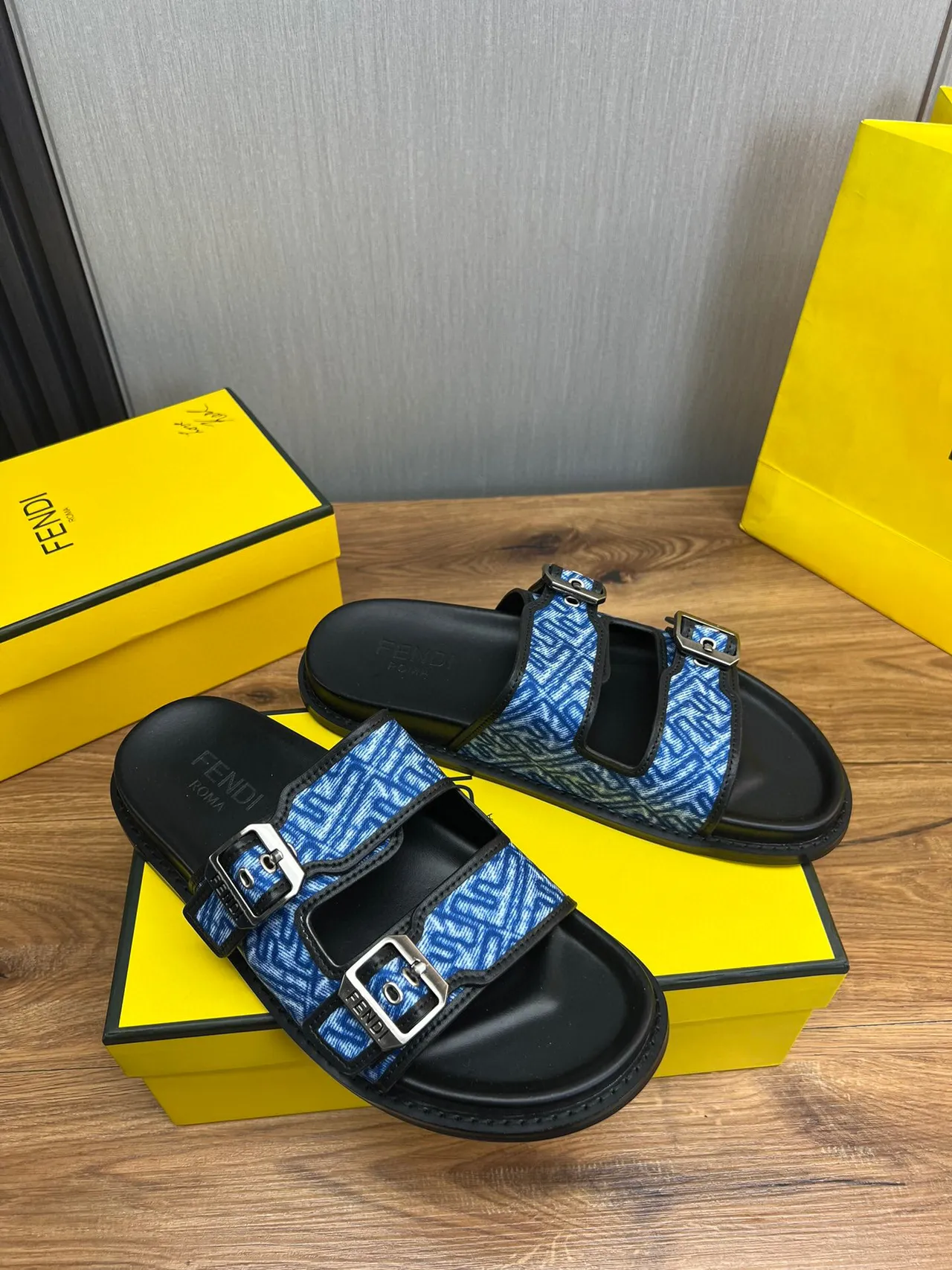 Fendi Buckled Slide Blue Jacquard Flat Slippers 7
