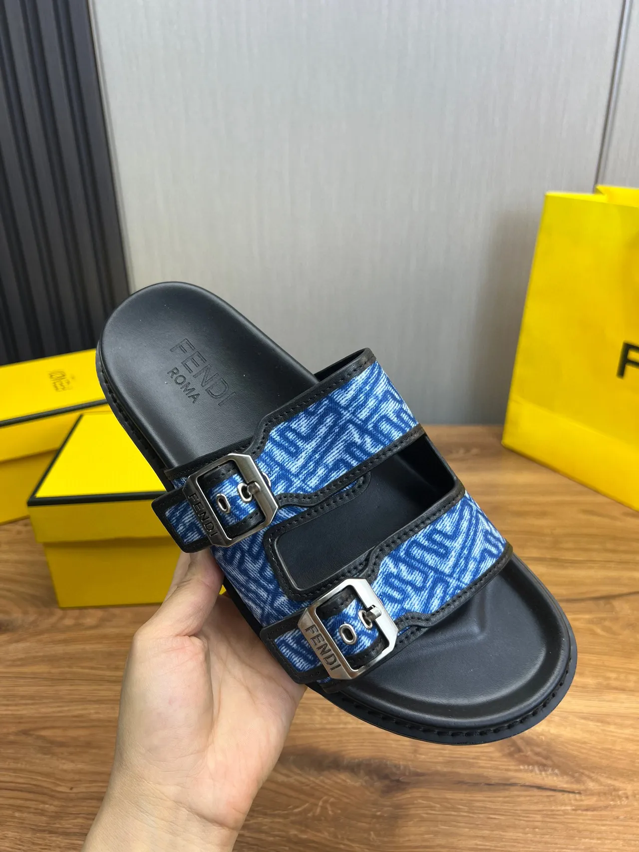 Fendi Buckled Slide Blue Jacquard Flat Slippers 8