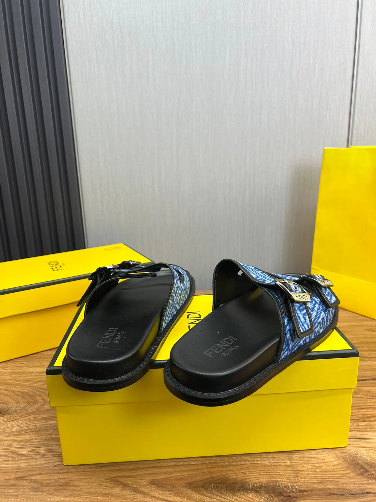 Fendi Buckled Slide Blue Jacquard Flat Slippers 9