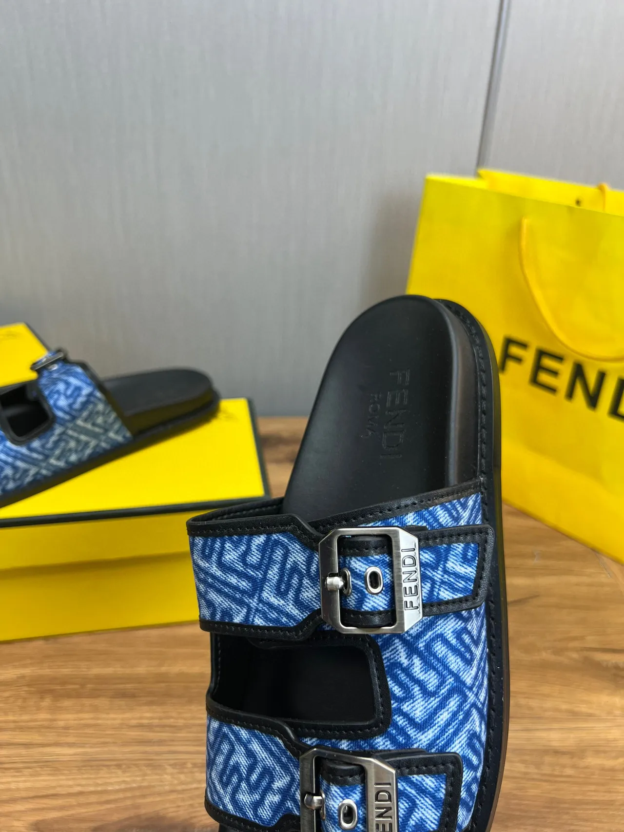 Fendi Buckled Slide Blue Jacquard Flat Slippers 10