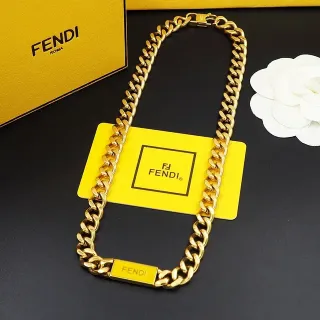 Fendi Curb Chain Gold-Tone Branded Plaque Necklace