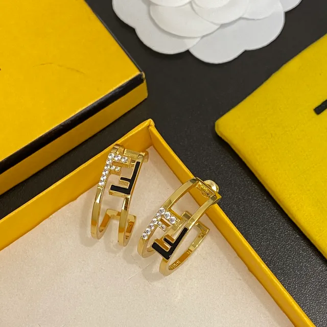Fendi Fendi FF حلقات ذهبية سوداء مزدوجة النطاق مع شعار متشابك 5