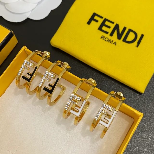 Fendi Fendi FF حلقات ذهبية سوداء مزدوجة النطاق مع شعار متشابك 6