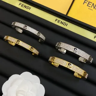Fendi FF Logo Bangle Gold Silver Pavé Crystal Interlocking Bracelet