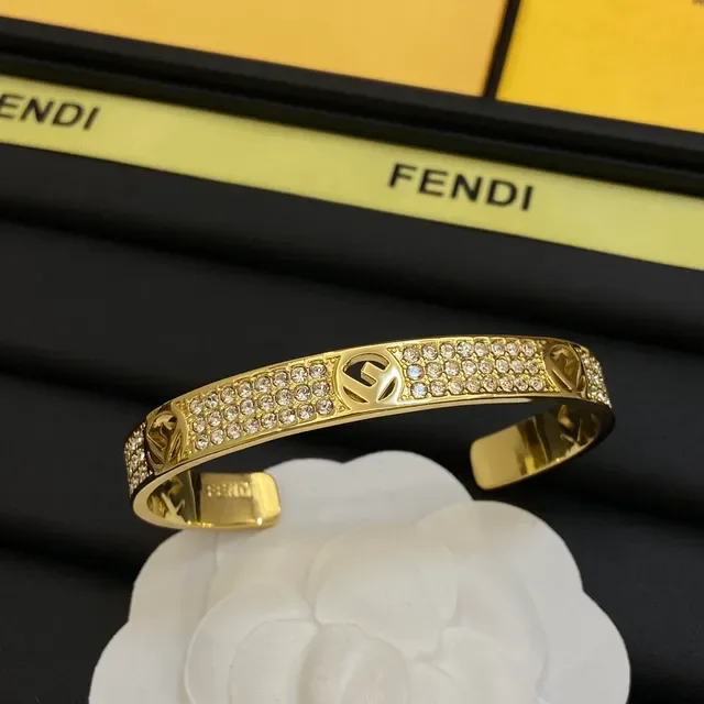 Fendi FF Logo Bangle Gold Silver Pavé Crystal Interlocking Bracelet 5